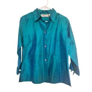 Anü by Natural Women's 100% Pure Nubbed Silk Shirt Jacket Small Teal Iridescent